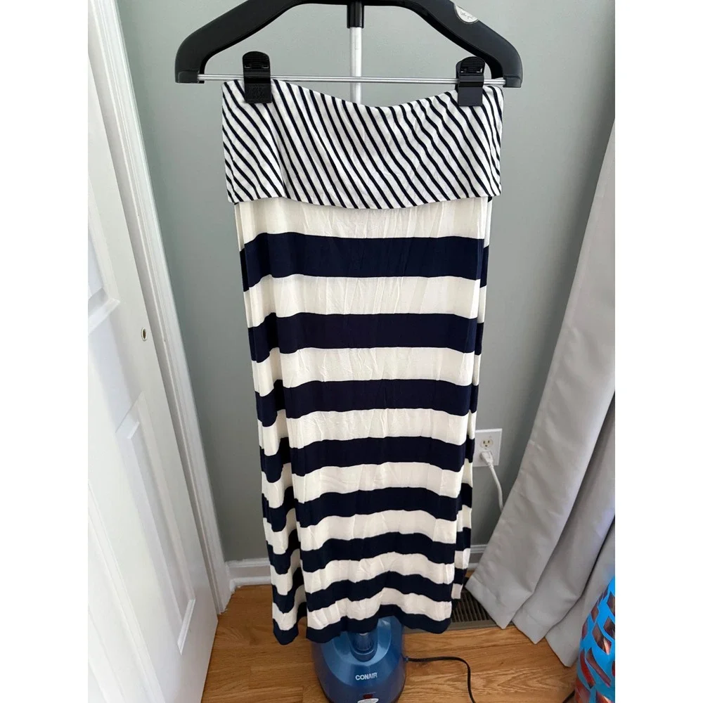 Lauren Ralph Lauren Navy White Stripe Fold Over Maxi Skirt Womens Medium